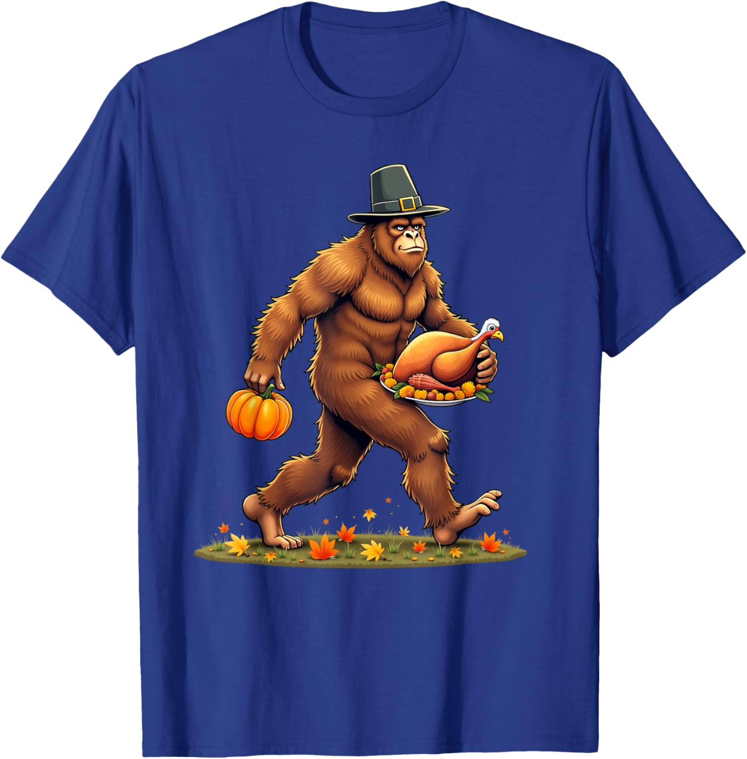 Funny Bigfoot Thanksgiving Day Pilgrim Turkey Pumpkin T-Shirt - T-Shirt | Royal