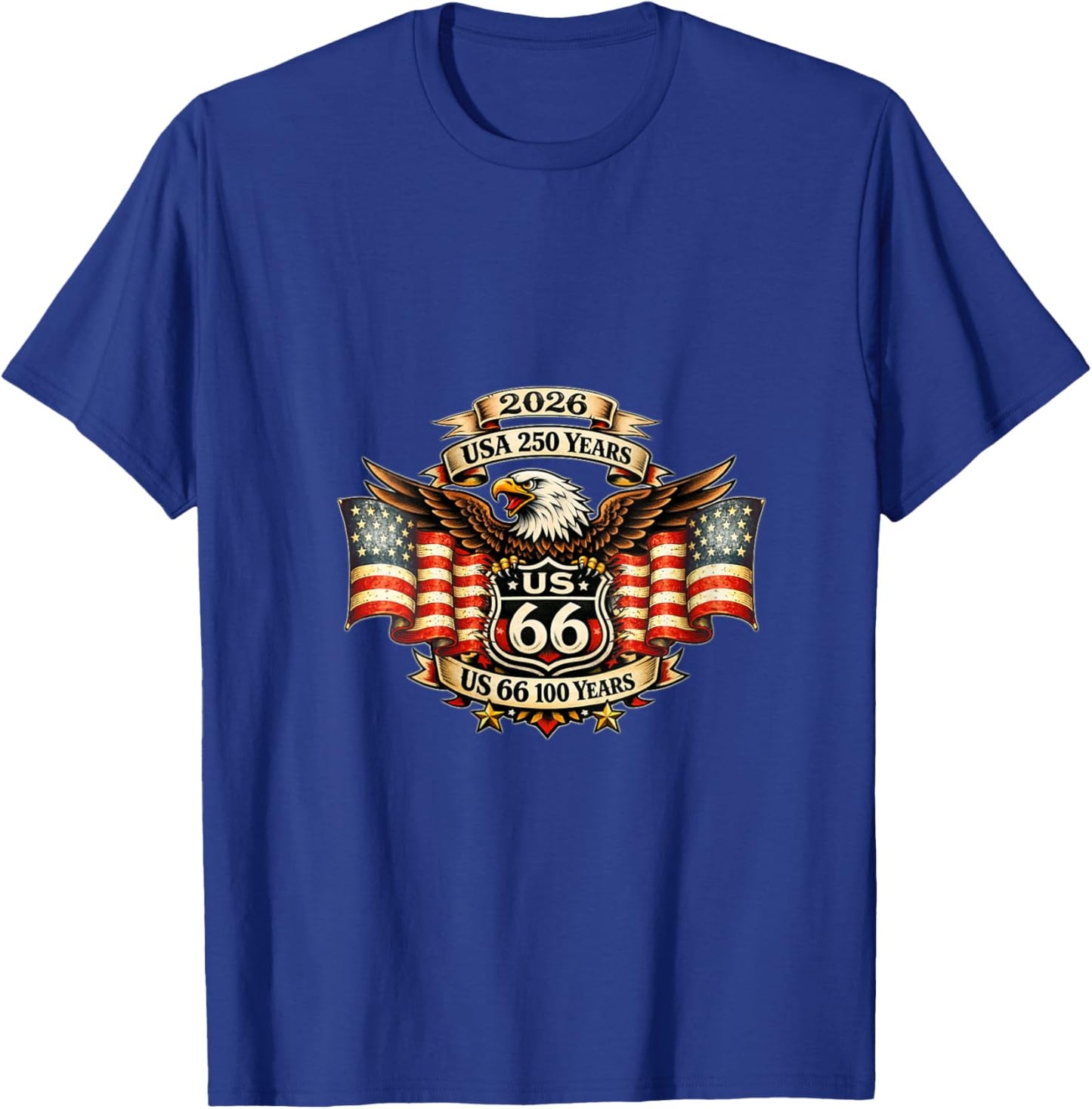Women's USA 250 US Highway 66 Mother Road Anniversary Eagle Tattoo V-Neck T-Shirt - T-Shirt | Royal