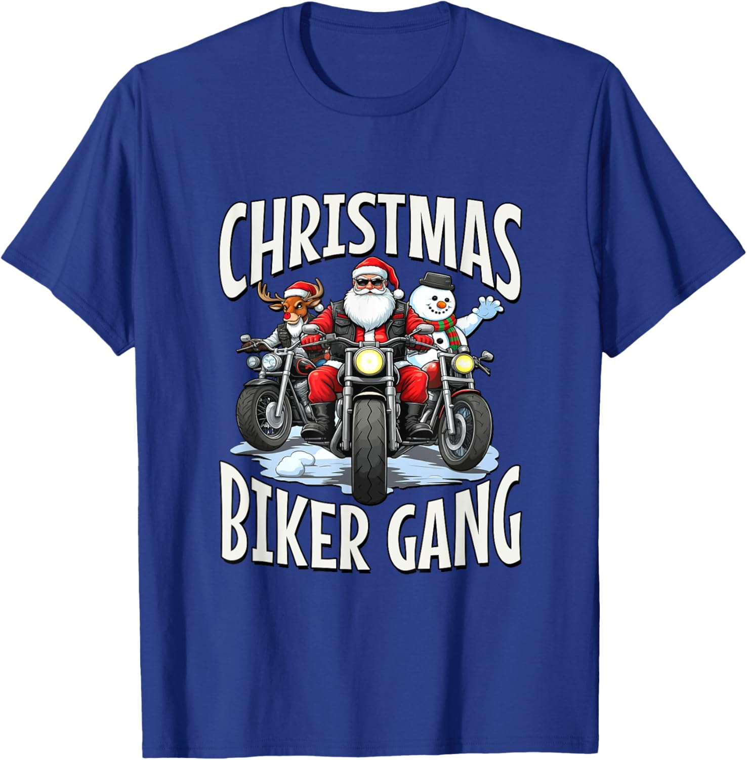 Christmas Biker Gang - Santa, Reindeer & Snowman Bikers T-Shirt - T-Shirt | Royal