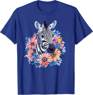 Zebra With Flowers Vibrant Nature T-Shirt - T-Shirt | Royal