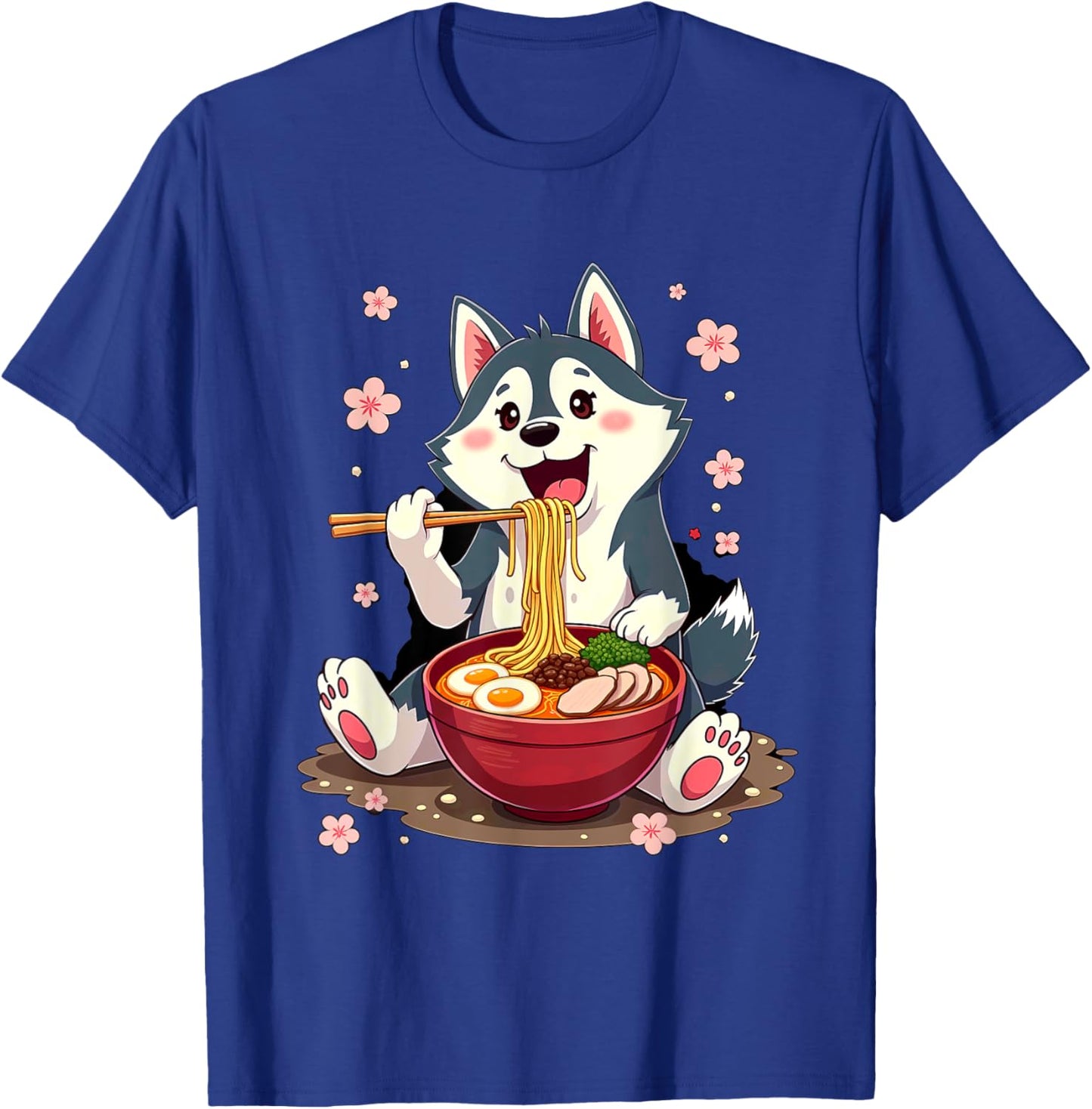 Otaku Husky Dog Ramen Noodles -Adult Anime Manga Kawaii Husky Dog Eating Ramen Black Small Classic Fit Short Sleeve Cotton Blend Machine Wash T-Shirt - T-Shirt | Royal