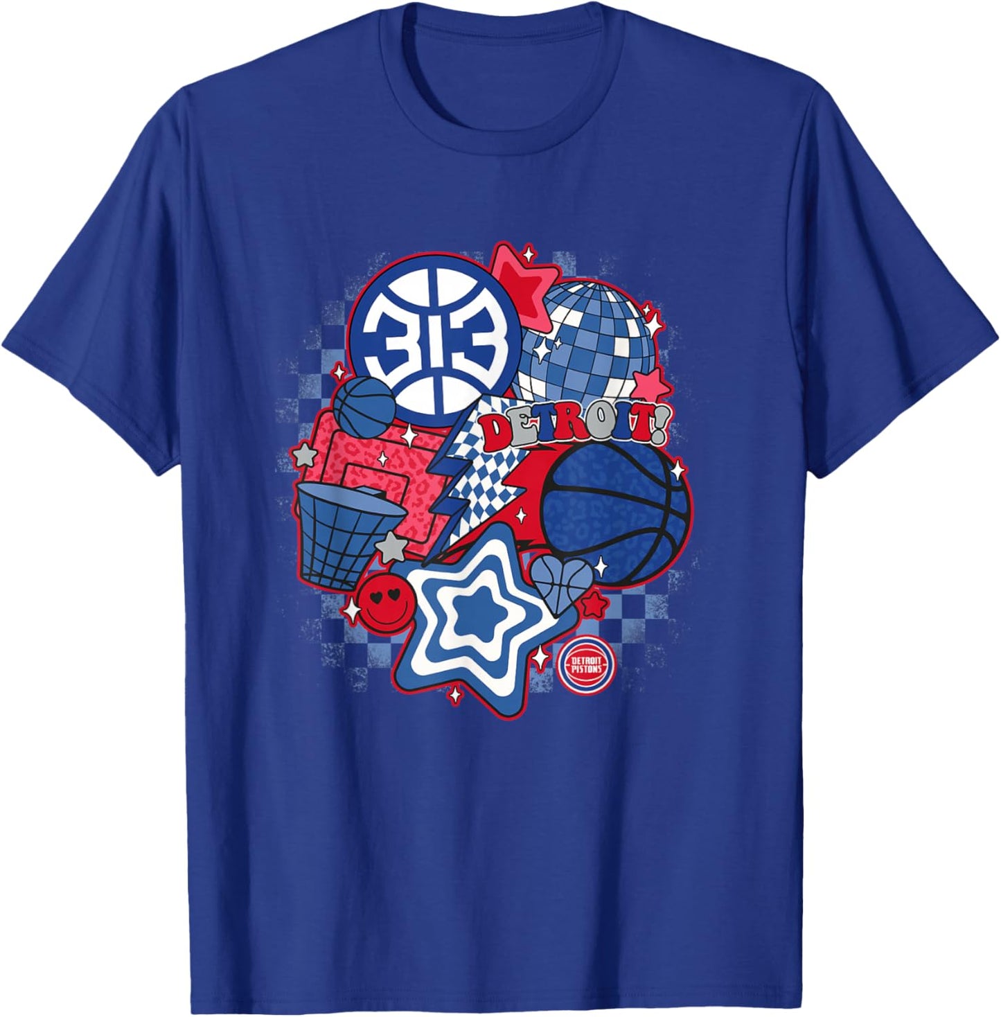 NBA Detroit Pistons Psychedelic Basketball Collage T-Shirt - T-Shirt | Royal