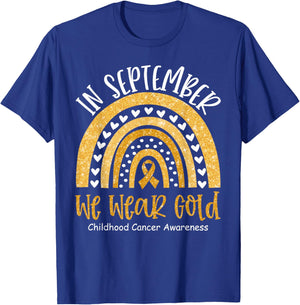 in September We Wear Gold Childhood Cancer Awareness Rainbow T-Shirt - T-Shirt | Royal