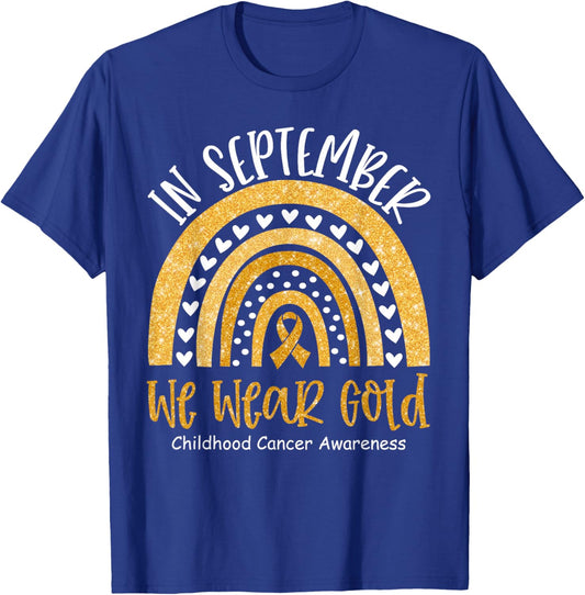 in September We Wear Gold Childhood Cancer Awareness Rainbow T-Shirt - T-Shirt | Royal