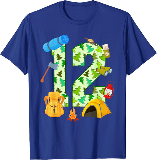 12th Birthday Camping Theme 12 Year Old Birthday Kids T-Shirt - T-Shirt | Royal