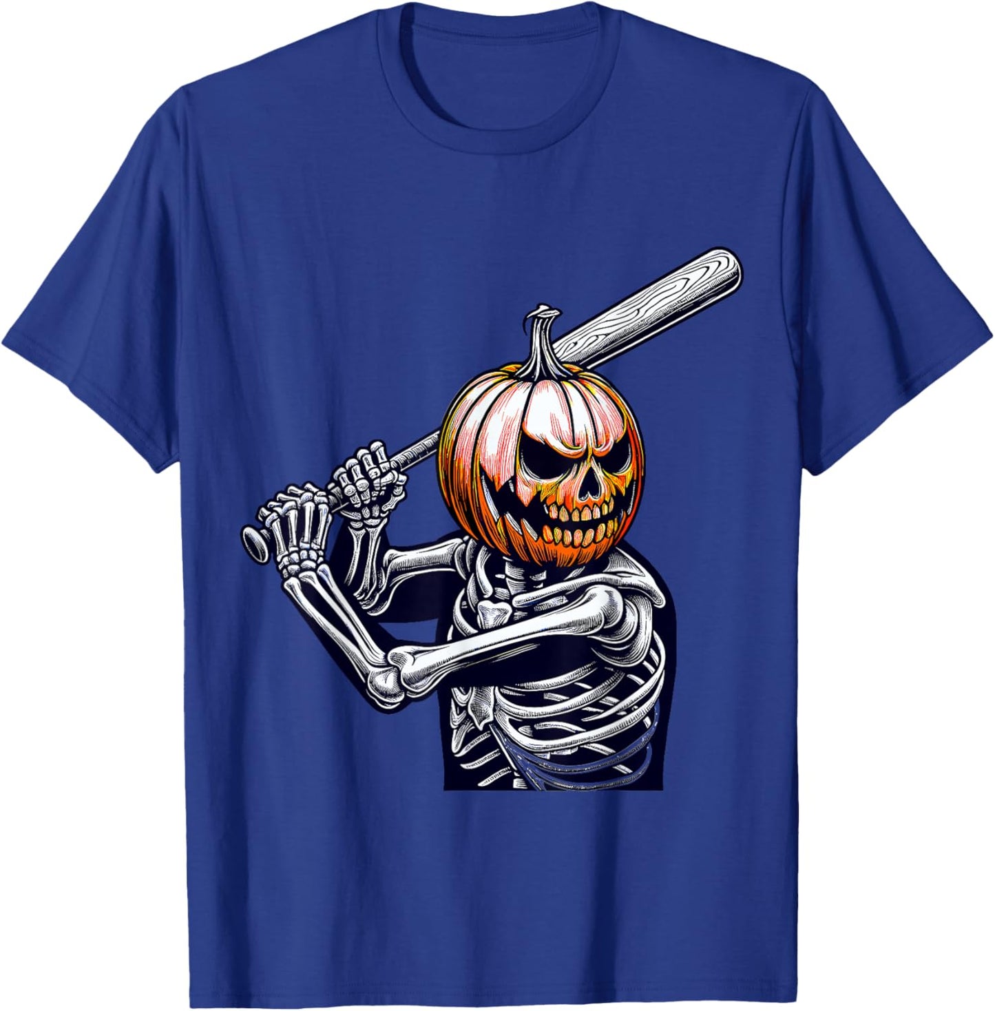 Pumpkin Skeleton playing Baseball Player Halloween T-Shirt - T-Shirt | Royal