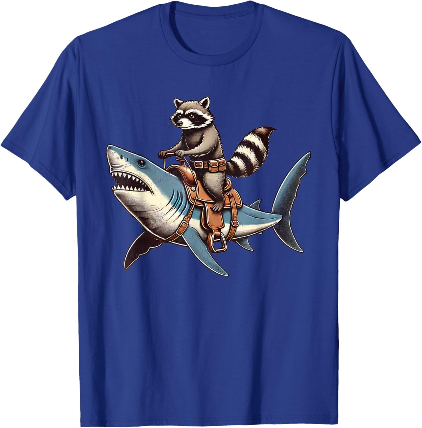Vintage Raccoon Shark Rider Funny Retro Raccoon Riding Shark T-Shirt - T-Shirt | Royal