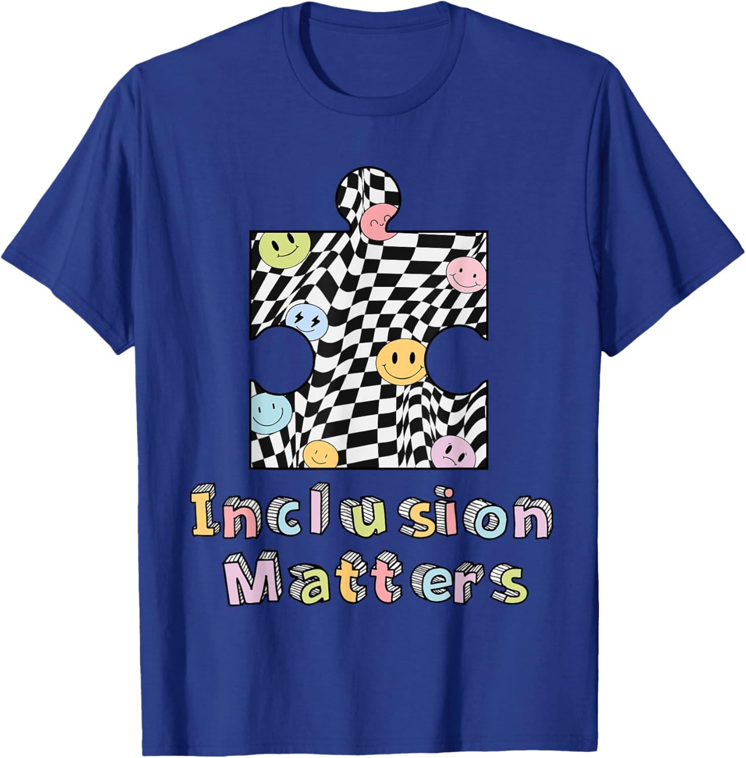 Inclusion Matters Groovy Checkered Puzzle Piece Autism Kids T-Shirt - T-Shirt | Royal
