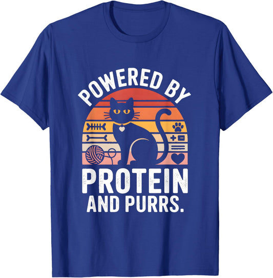 Powered by Protein and Purrs Funny Cat Fitness T-Shirt - T-Shirt | Royal