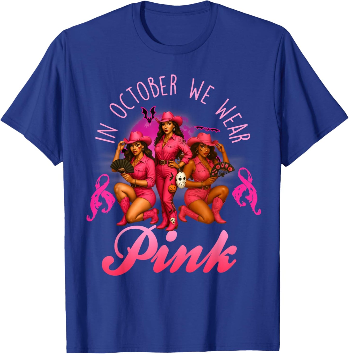 in October We Wear Pink Breast Cancer Halloween Cowgirl T-Shirt - T-Shirt | Royal