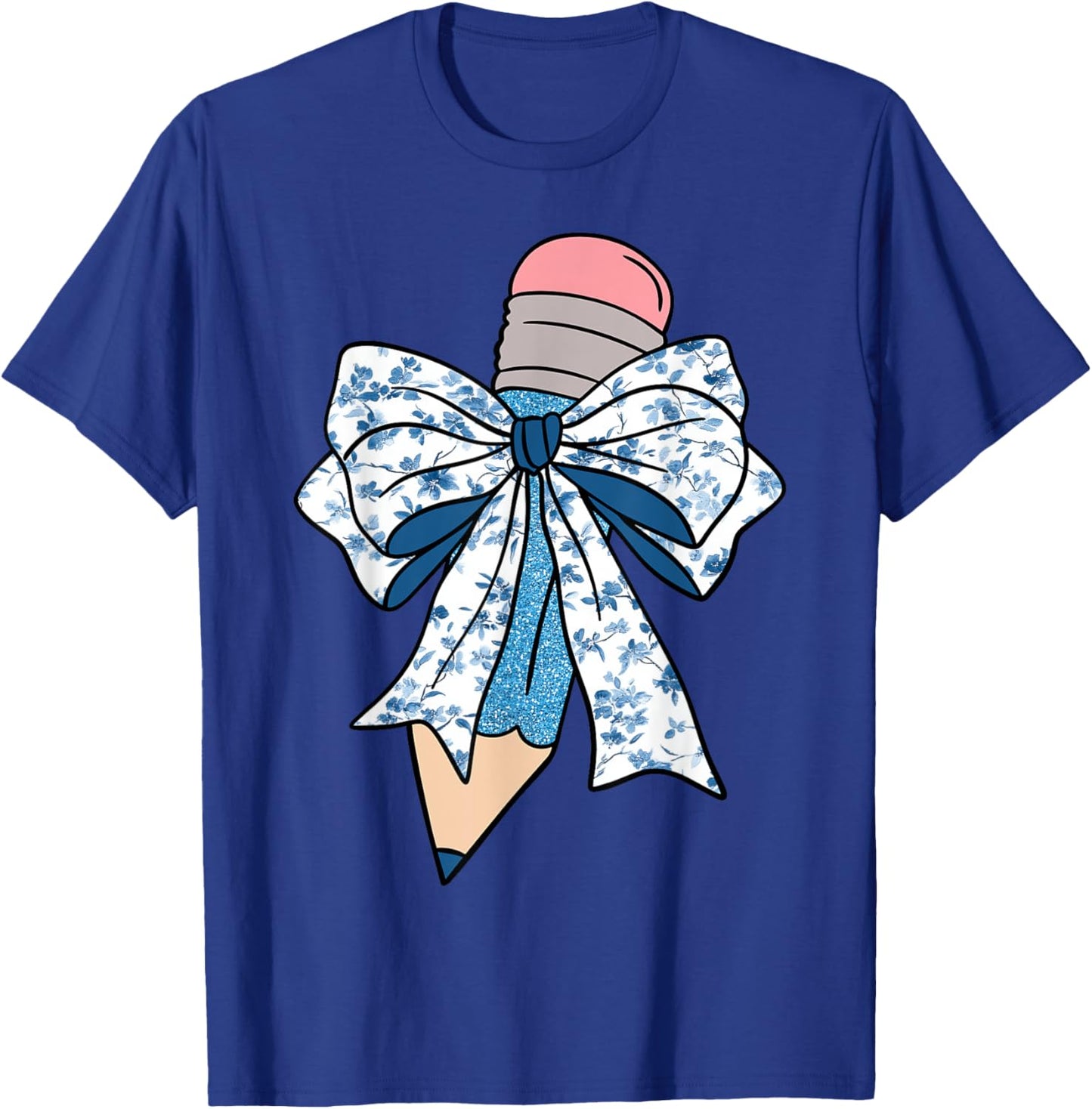 Pencil Teacher Coquette Toile Blue Bow Floral Pattern T-Shirt - T-Shirt | Royal