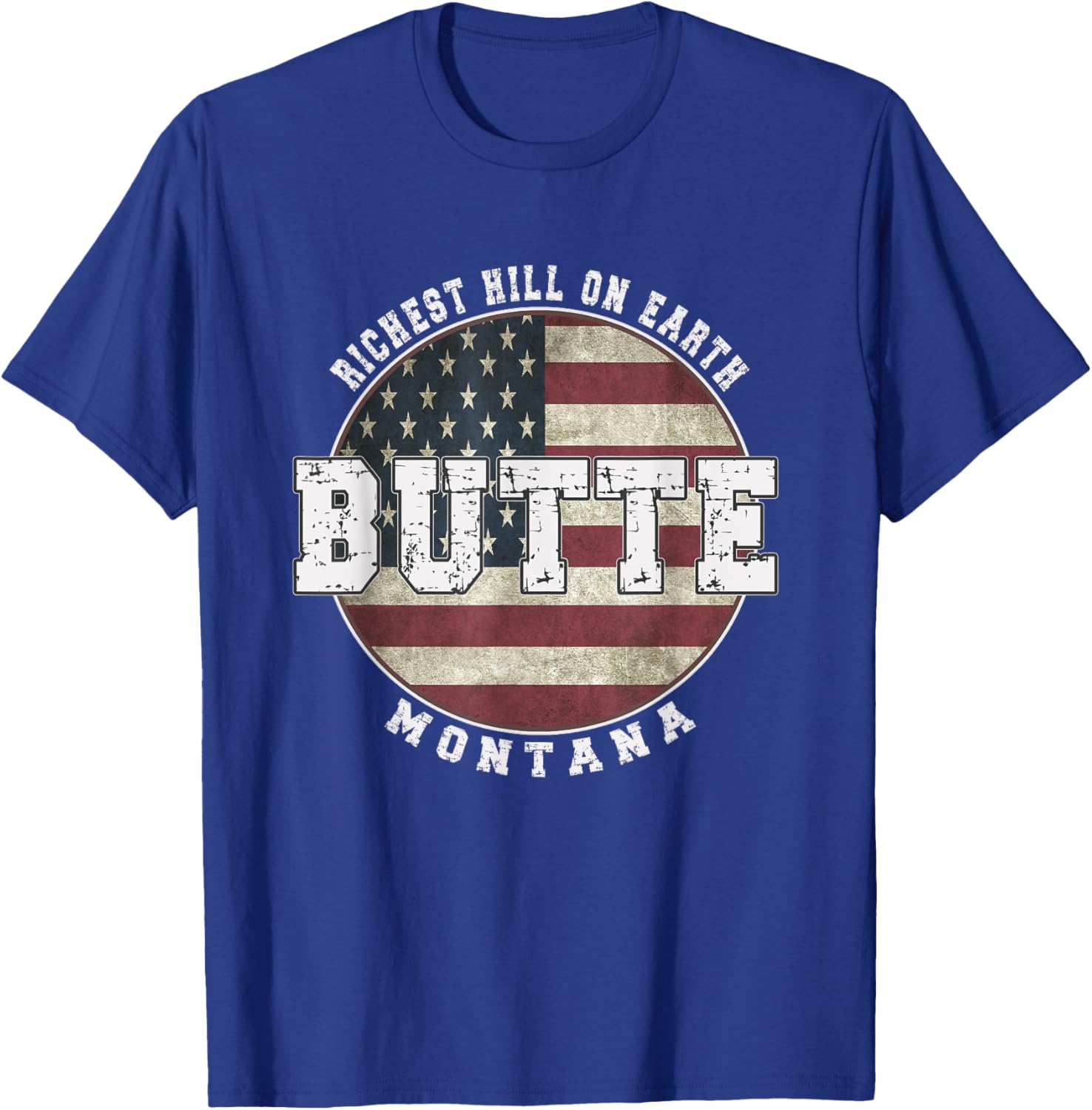 Butte Montana, Vintage American Flag T-Shirt - T-Shirt | Royal