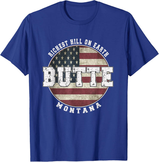 Butte Montana, Vintage American Flag T-Shirt - T-Shirt | Royal