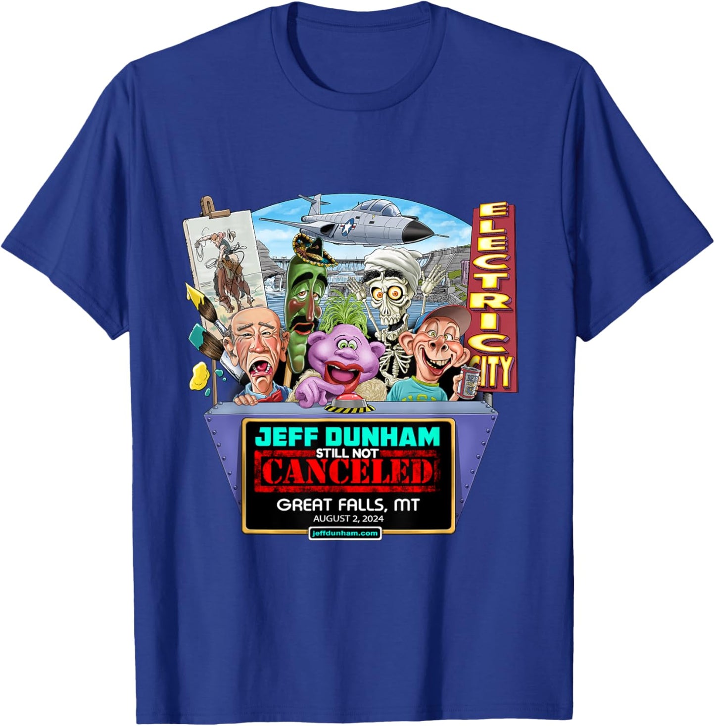 Jeff Dunham Great Falls, MT (2024) T-Shirt - T-Shirt | Royal