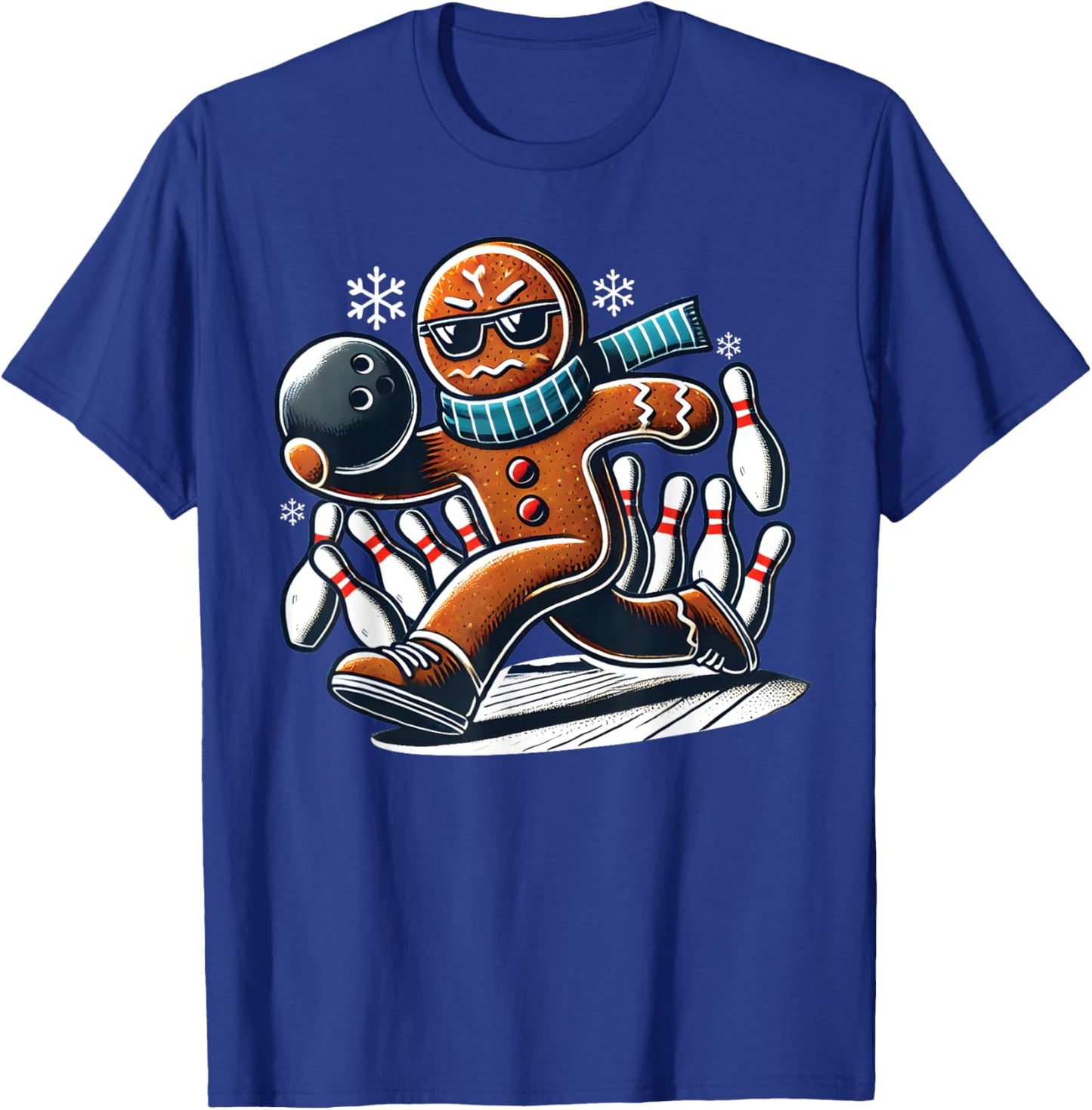 Gingerbread Playing Bowling ball and pins Christmas bowling T-Shirt - T-Shirt | Royal