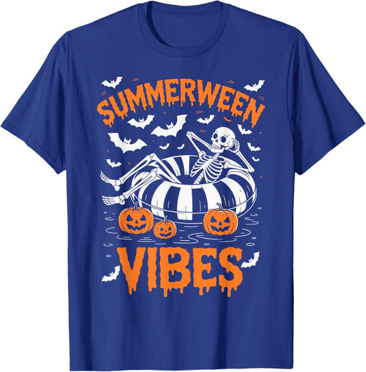 Summerween Vibes Skeleton Floating Pool Pumpkin Halloween T-Shirt - T-Shirt | Royal