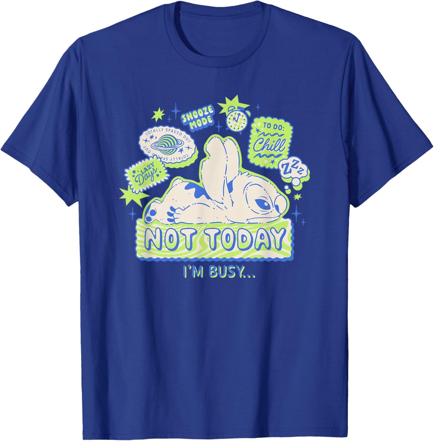 Disney Lilo & Stitch Not Today I'm Busy Neon Retro Big Logo T-Shirt - T-Shirt | Royal