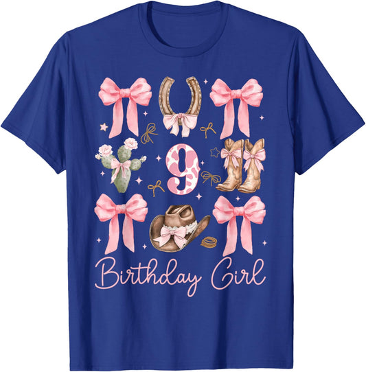 9th Birthday Girl Cowgirl Coquette Bow 9 Year Old Western T-Shirt - T-Shirt | Royal