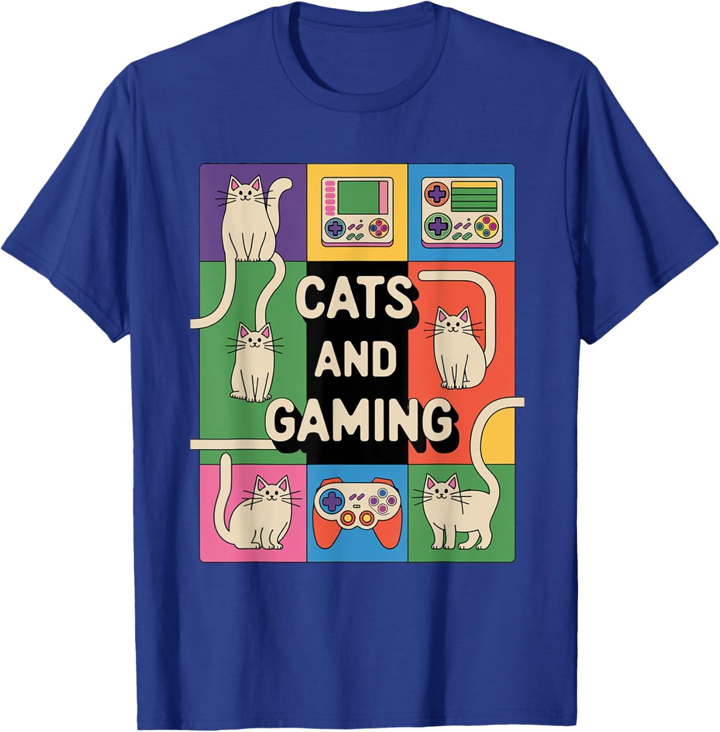 Retro Cats And Gaming Funny Cat Lover and Video Game Player Women Kids T-Shirt - T-Shirt | Royal