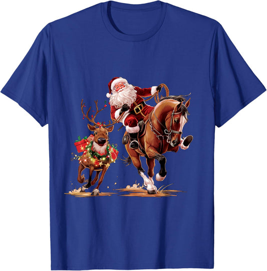 Funny Cowboy Santa Bulldogging Christmas Cowboy Western Xmas T-Shirt - T-Shirt | Royal