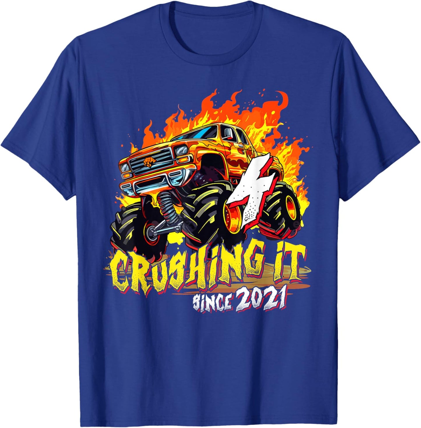 Monster Truck 4 Years Old Crushing It Since 2021 4th Bday T-Shirt - T-Shirt | Royal