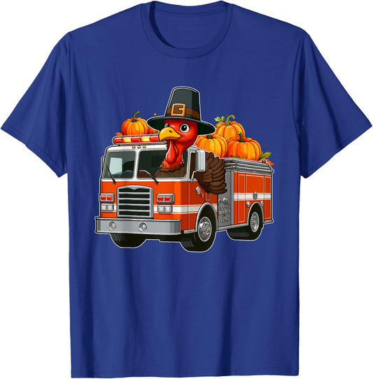 Turkey Driving Fire Truck Thanksgiving Driver Fall Pumpkins T-Shirt - T-Shirt | Royal