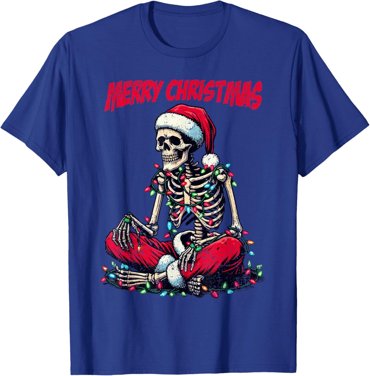 Skeleton Santa Hat Merry Christmas X-mas Lights Holiday T-Shirt - T-Shirt | Royal