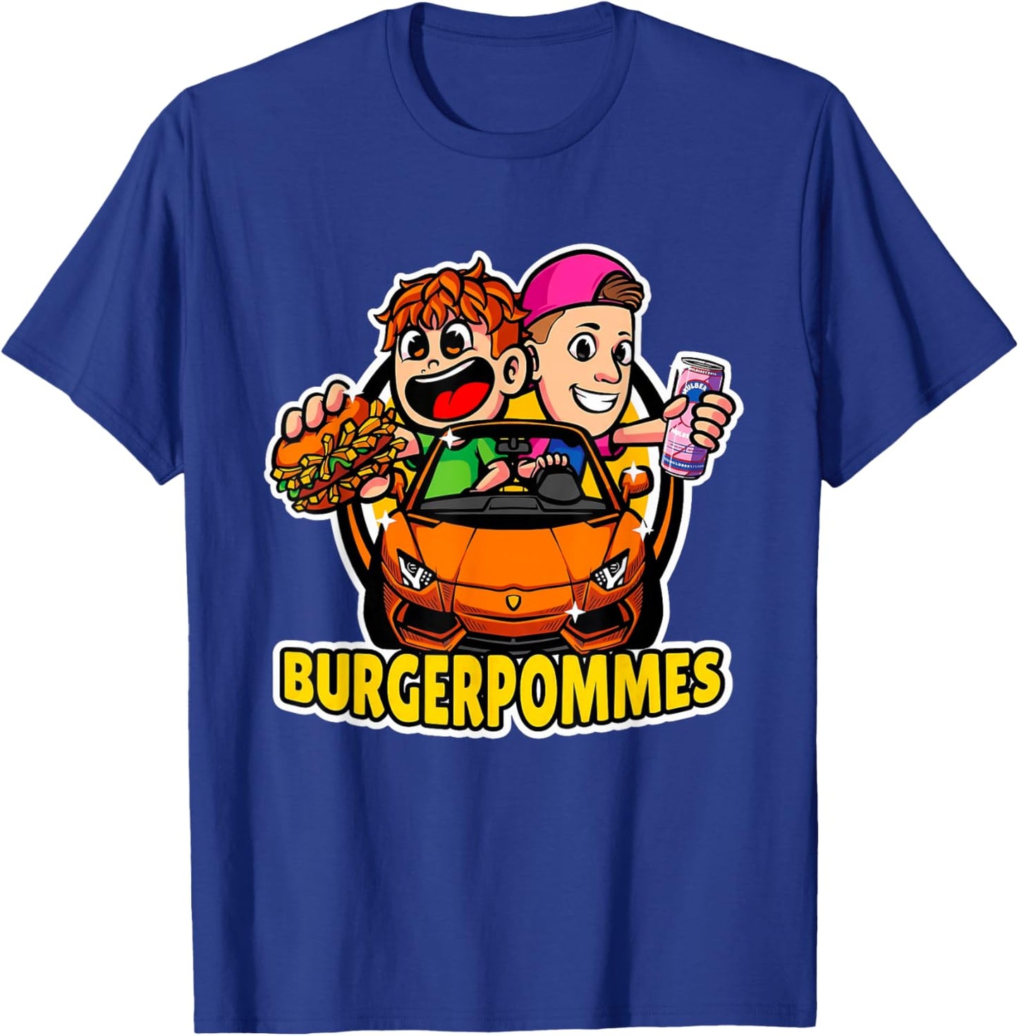 Burger Pommes Sportwagen Comic Style Fast Food T-Shirt - T-Shirt | Royal