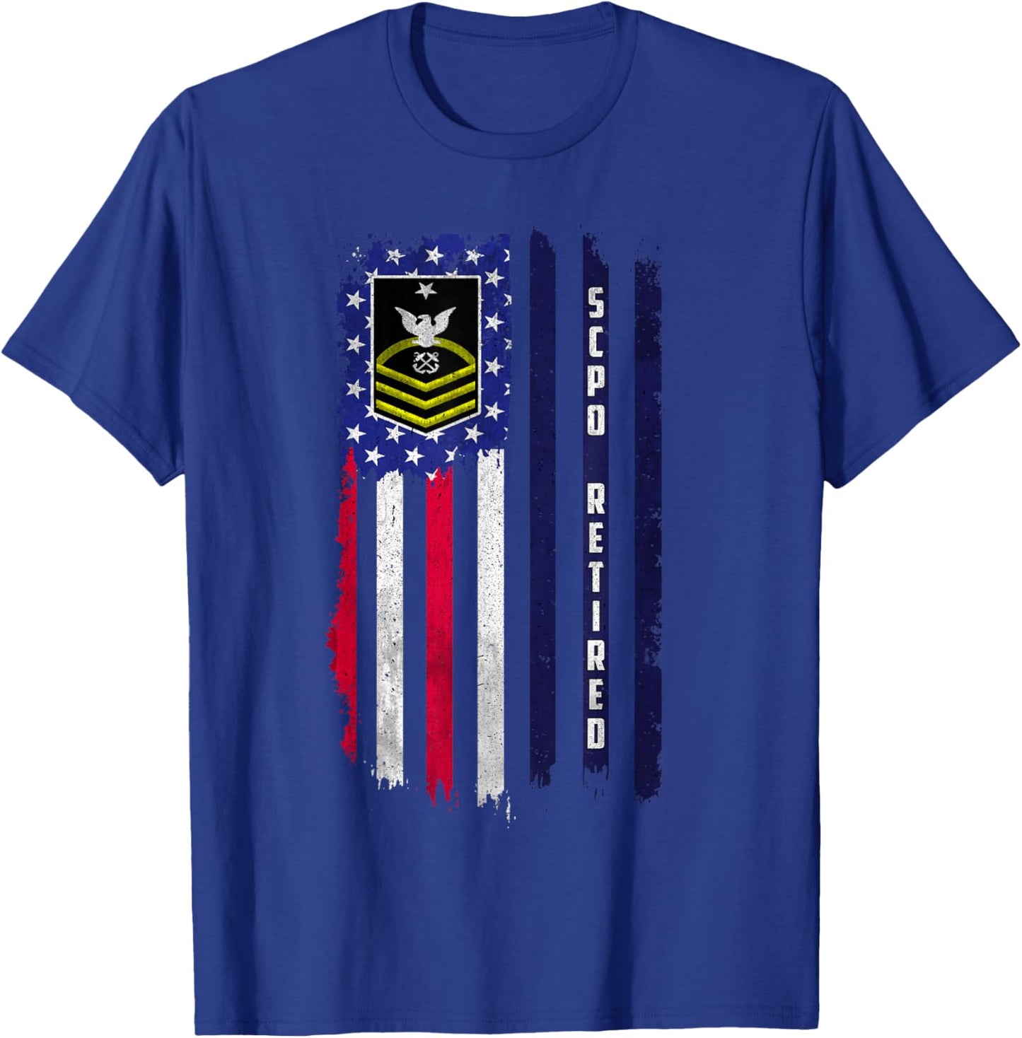 Retired E-8 Senior Chief Petty Officer Rank American Flag T-Shirt - T-Shirt | Royal