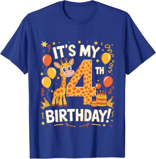 Kids Its My 4th Happy Birthday Giraffe 4 Years Old Party Toddlers T-Shirt - T-Shirt | Royal