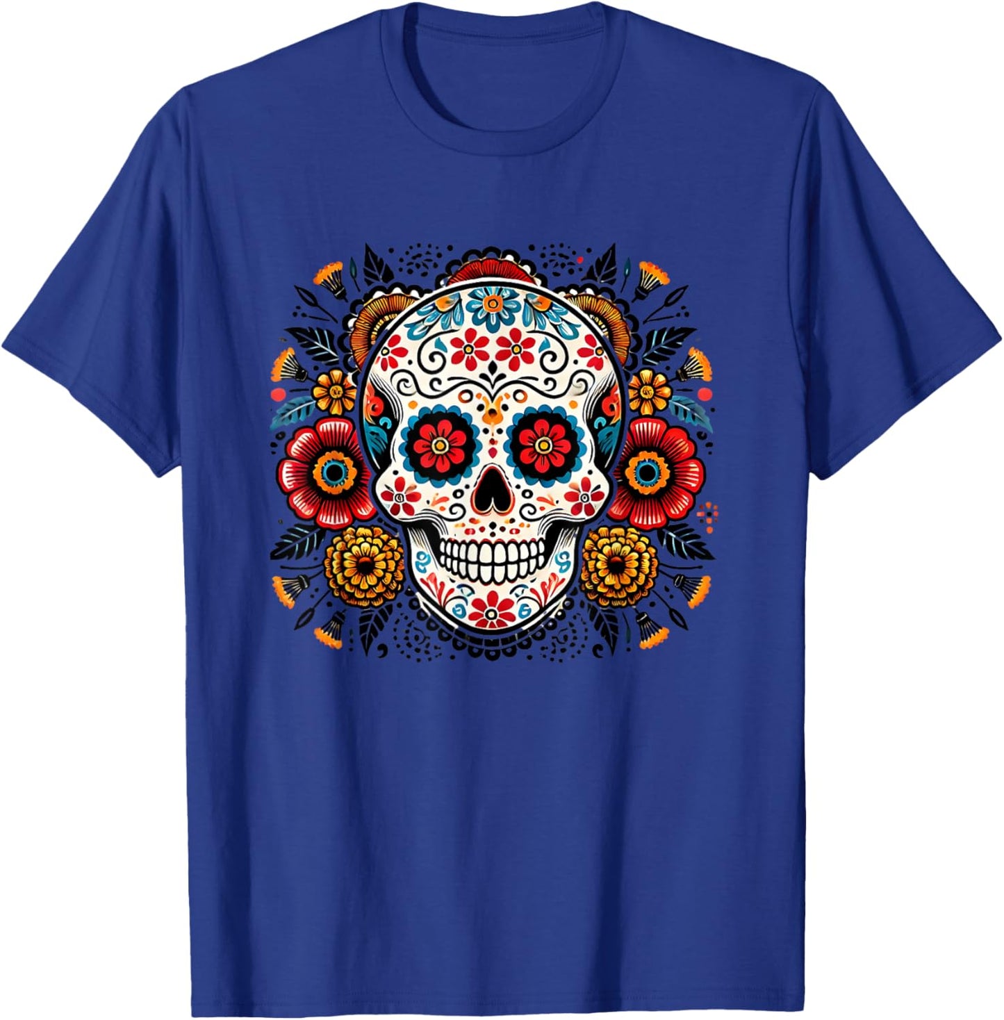 Sugar Skull Floral Art Men Women T-Shirt - T-Shirt | Royal
