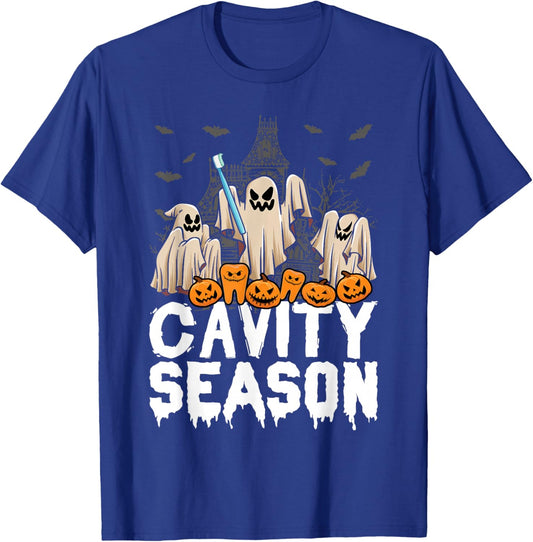 Cavity Season Halloween Funny Dental Ghosts And Toothbrush T-Shirt - T-Shirt | Royal