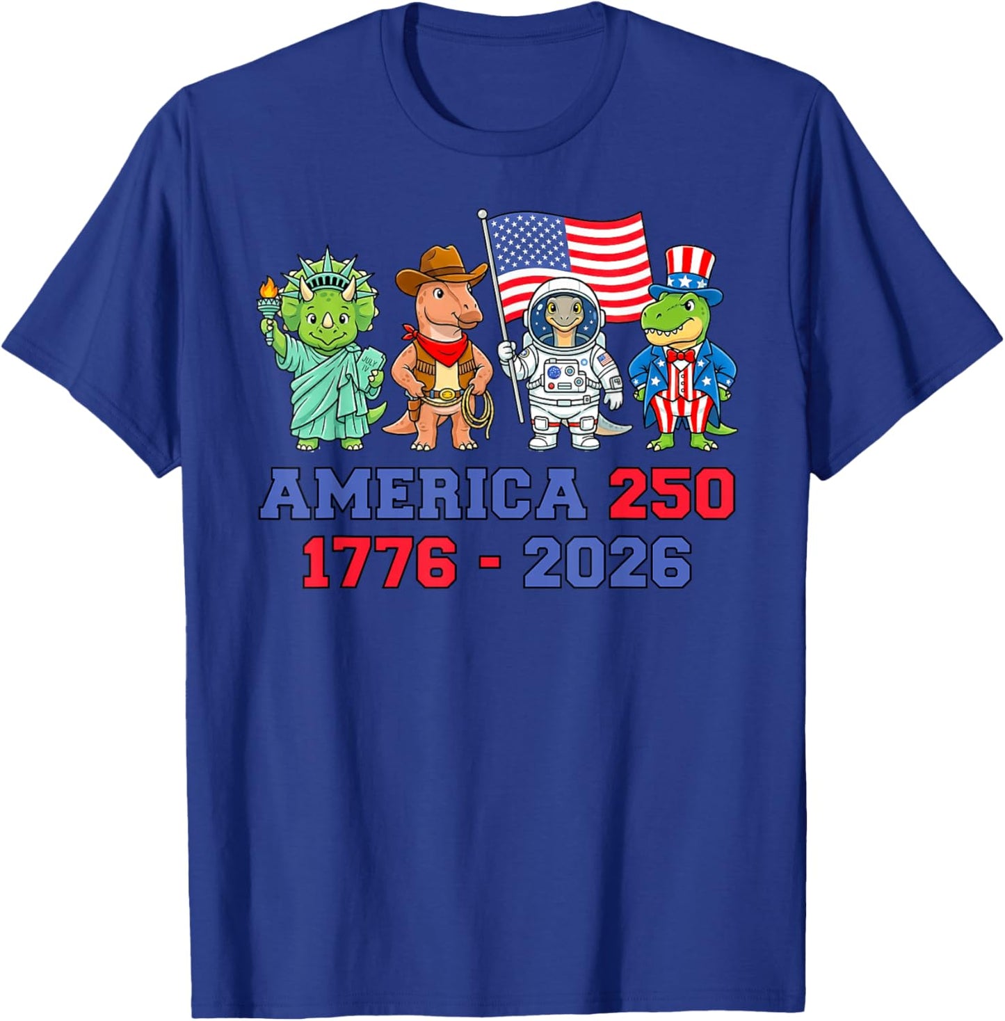 4th of July Dinosaurs America 250 Kids Semiquincentennial T-Shirt - T-Shirt | Royal