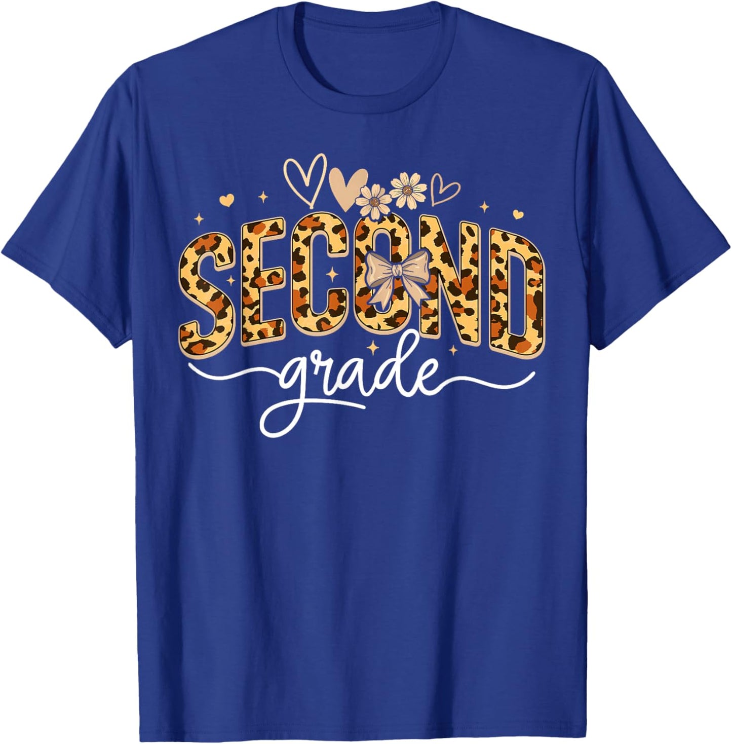 Leopard Second Grade Bow Floral Back to School Teachers Kids T-Shirt - T-Shirt | Royal