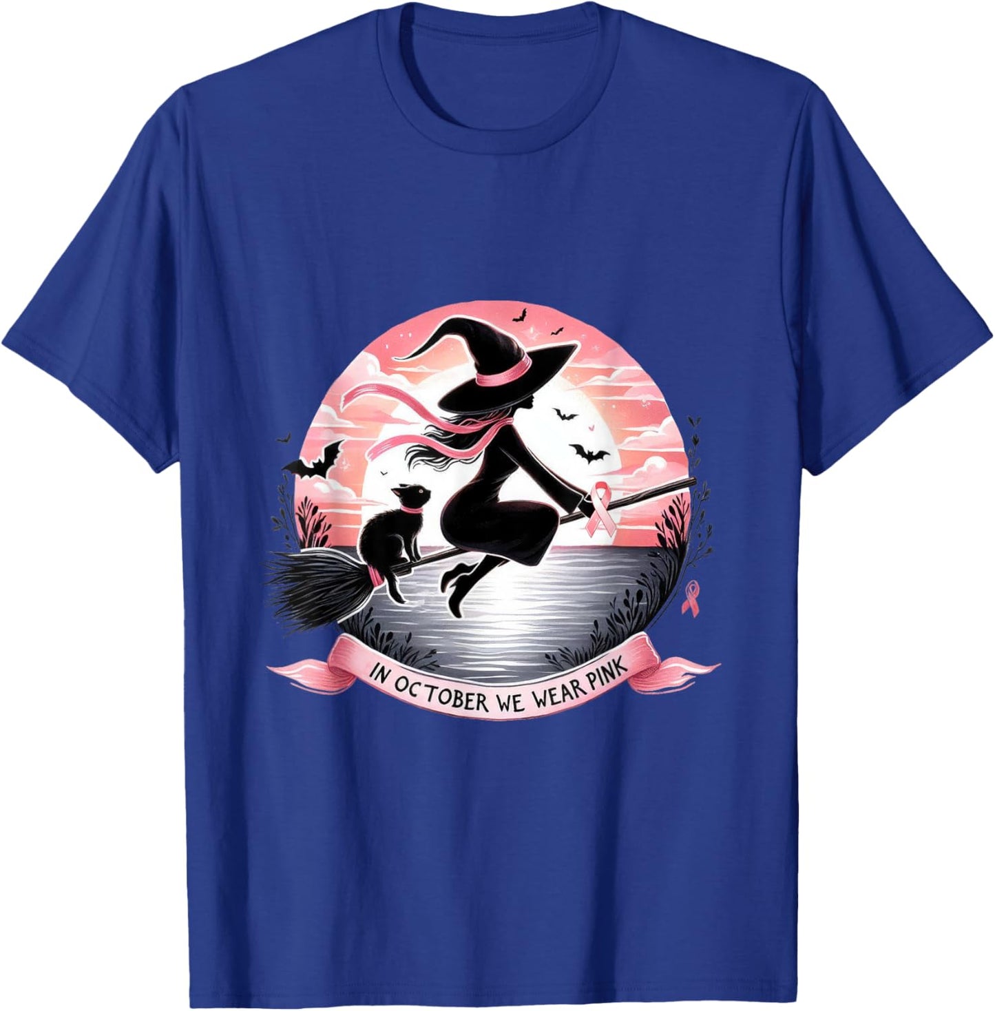 Witch In October We Wear Pink Ribbon Breast Cancer Awareness T-Shirt - T-Shirt | Royal