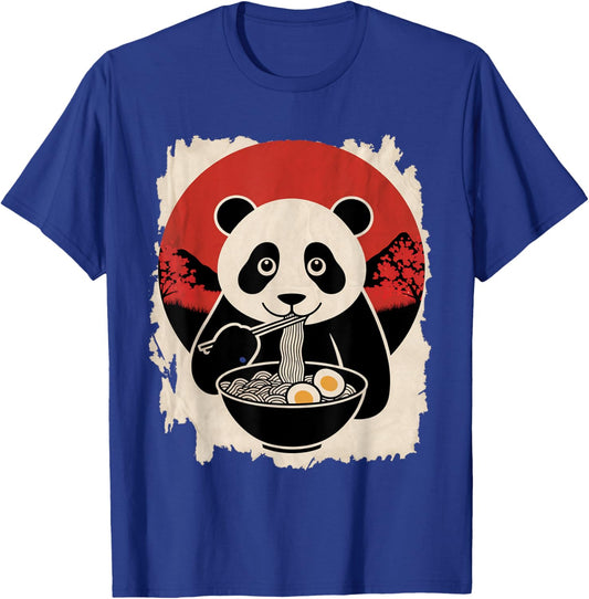 Panda Eating Noodles Art in Vintage Japanese Poster T-Shirt - T-Shirt | Royal