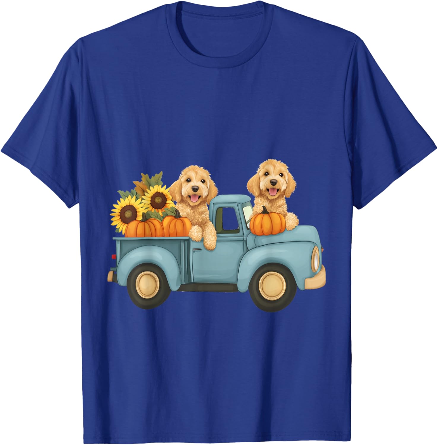 Cute Autumn Goldendoodle Dogs Pumpkin Truck Fall Sunflowers T-Shirt - T-Shirt | Royal