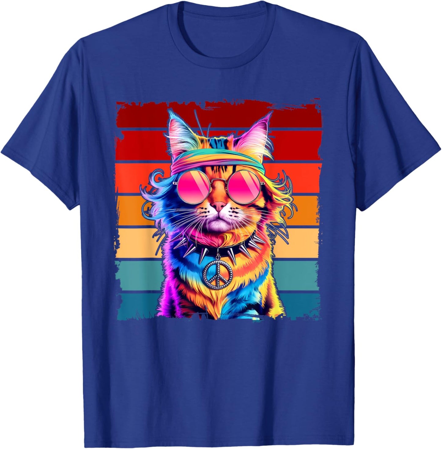 Psychedelic Peace Cat Colorful Hippie Retro Groovy Vibes Men Women Kids T-Shirt - T-Shirt | Royal