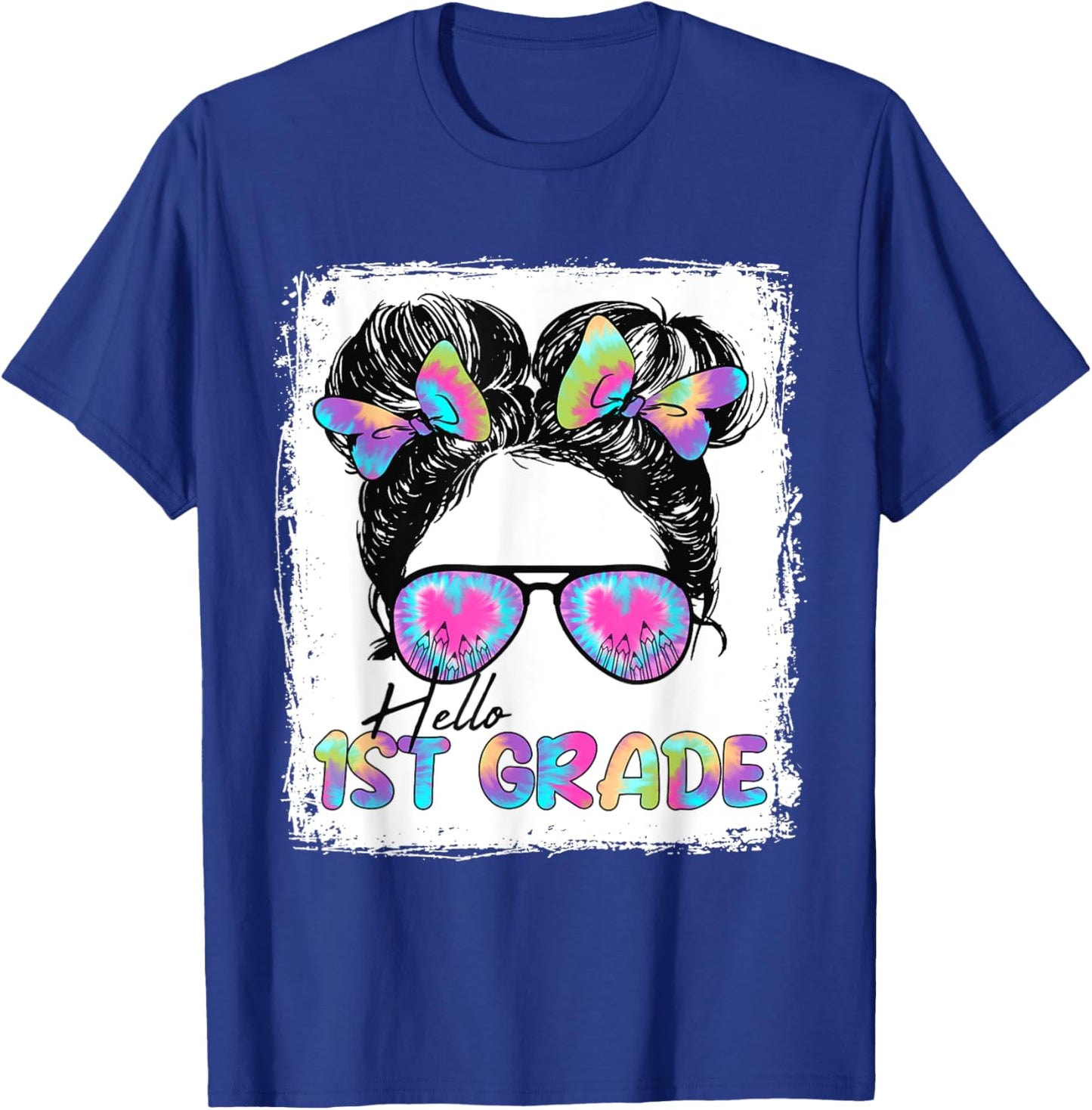 Hello 1st Grade Messy Hair Bun Girl Back To School First Day T-Shirt - T-Shirt | Royal