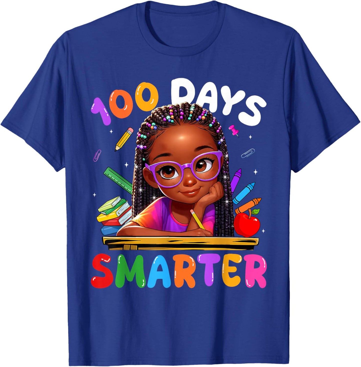 100 Days Smarter Black Girl Messy Bun 100th Day of School T-Shirt - T-Shirt | Royal