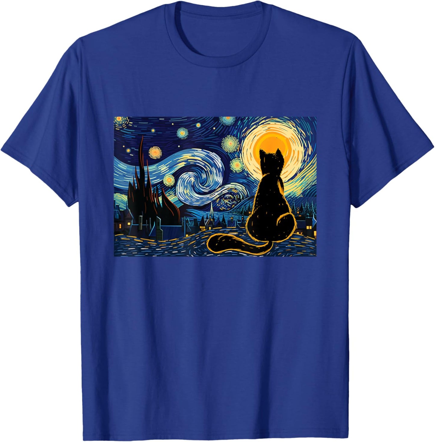 Cat Lookig At Starry Night - Cat Lover Kitten Owner Kitty Men Women Girls Kids T-Shirt - T-Shirt | Royal