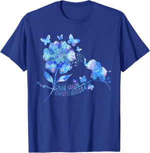 CHILD ABUSE Awareness Sunflower Light Blue Ribbon Elephant T-Shirt - T-Shirt | Royal