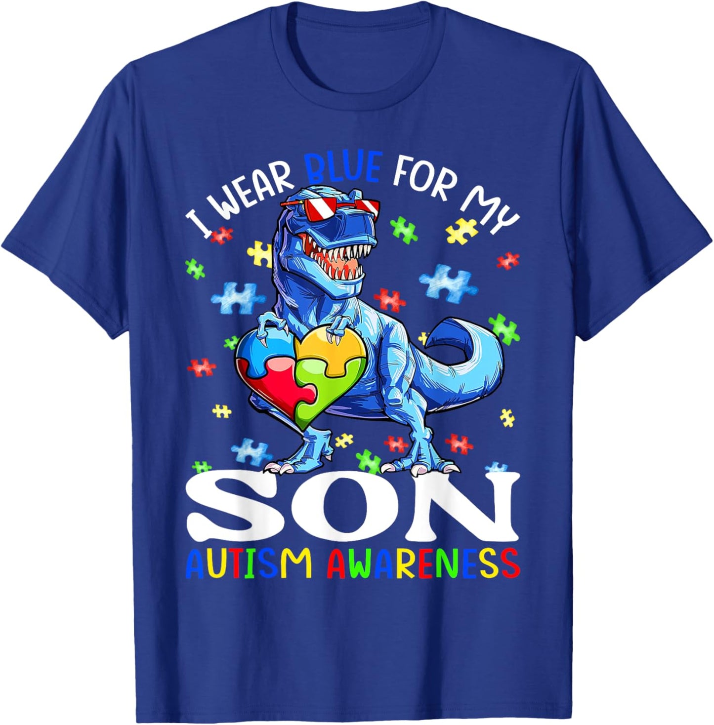 I Wear Blue For My Son Autism Awareness Dinosaur Boys T-Shirt - T-Shirt | Royal