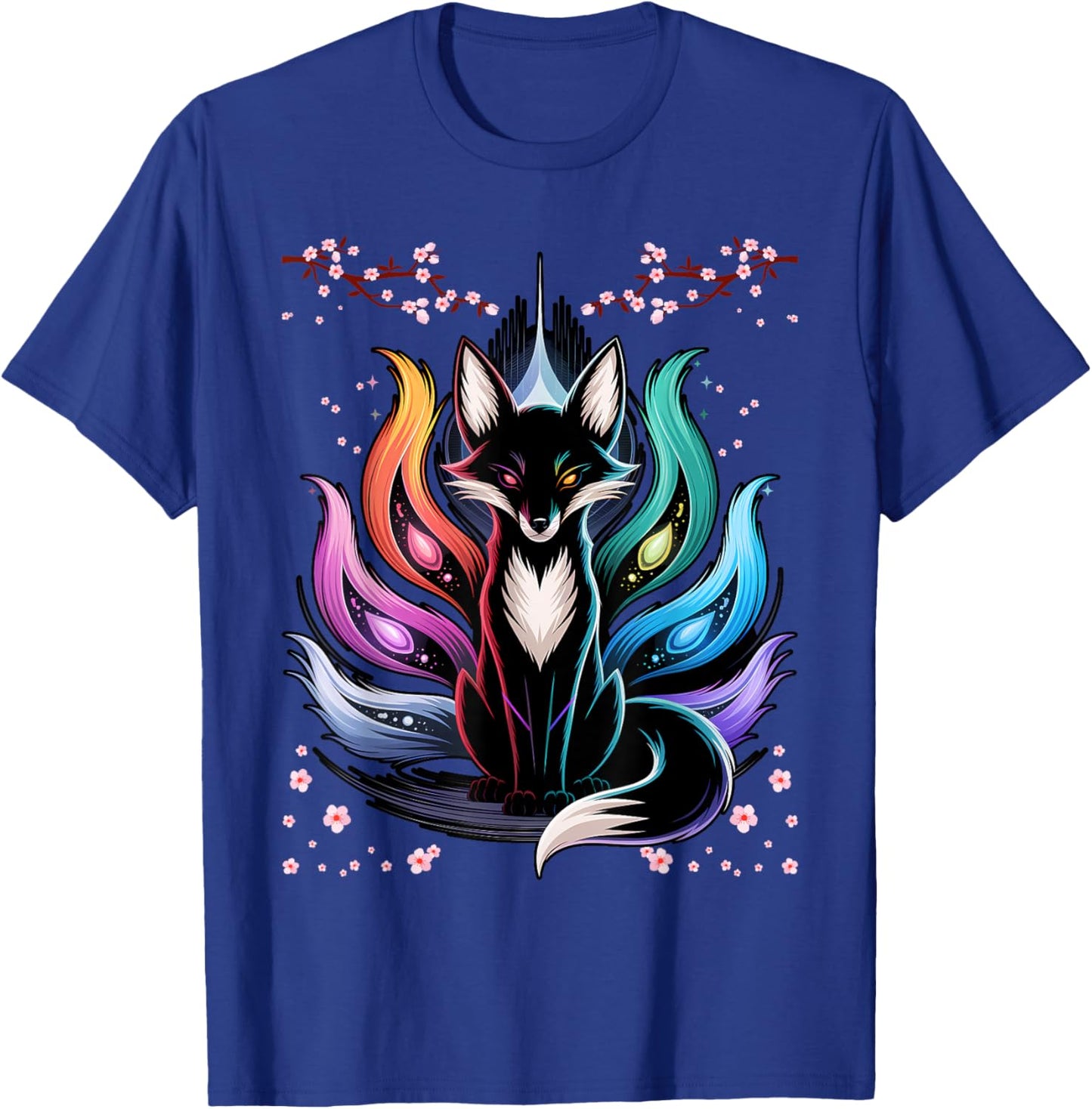 Japanese Fox Kitsune Seven Elements Cherry Flower Blossom T-Shirt - T-Shirt | Royal