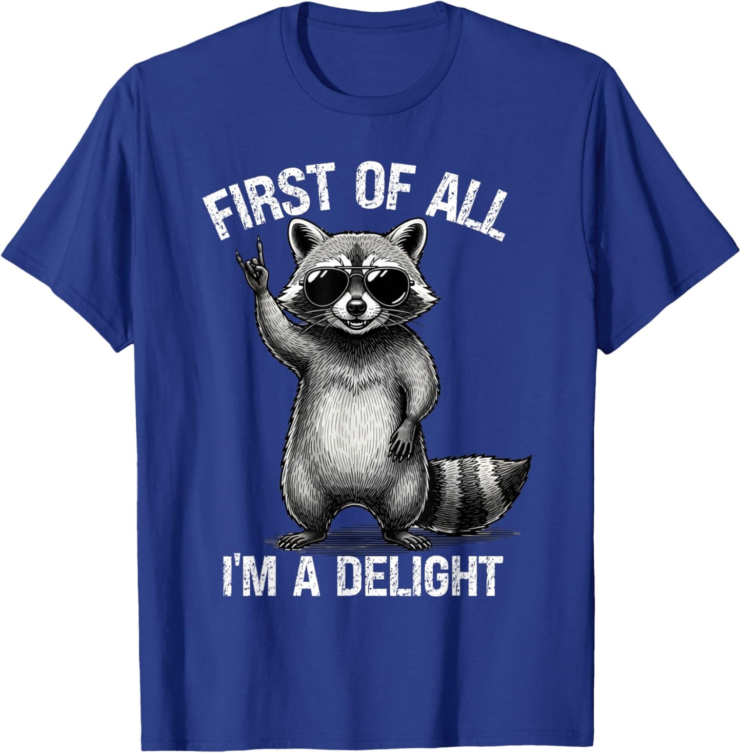 Funny Raccoon Rock Music First of All Im A Delight Men Women T-Shirt - T-Shirt | Royal
