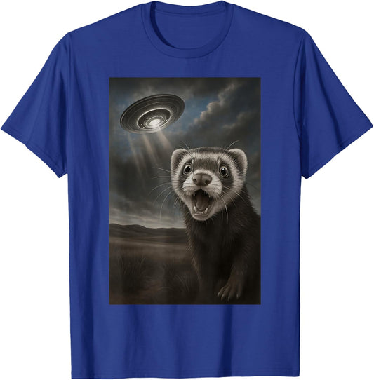 Funny Ferret UFO Shocked Alien Abduction Selfie T-Shirt - T-Shirt | Royal