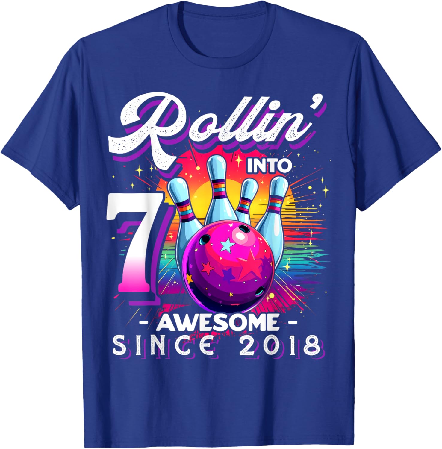 Bowling Party Rollin' 7 Awesome 2018 7th Birthday Girls T-Shirt - T-Shirt | Royal