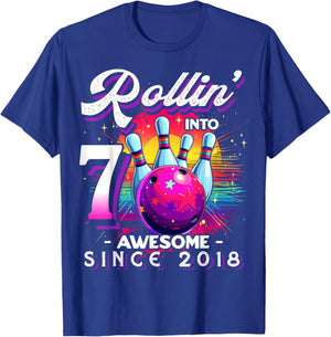 Bowling Party Rollin' 7 Awesome 2018 7th Birthday Girls T-Shirt - T-Shirt | Royal