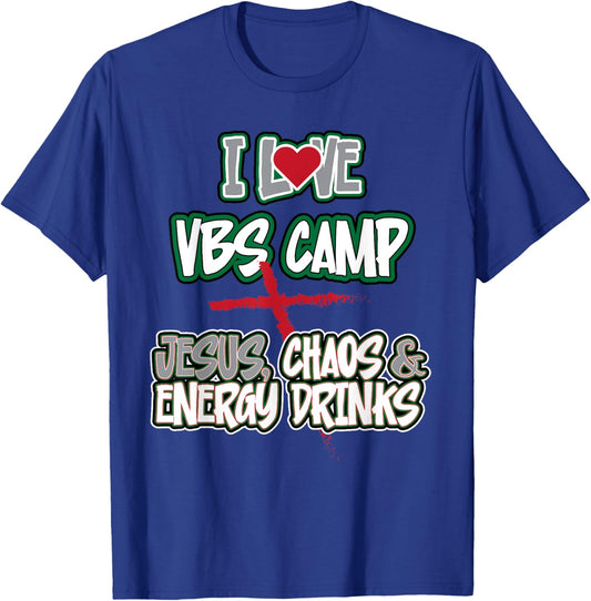 Funny Sarcastic I Love VBS Camp Jesus Chaos & Energy Drinks T-Shirt - T-Shirt | Royal