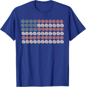 Retro Daisy Flower American Flag Women 4th of July Patriotic T-Shirt - T-Shirt | Royal